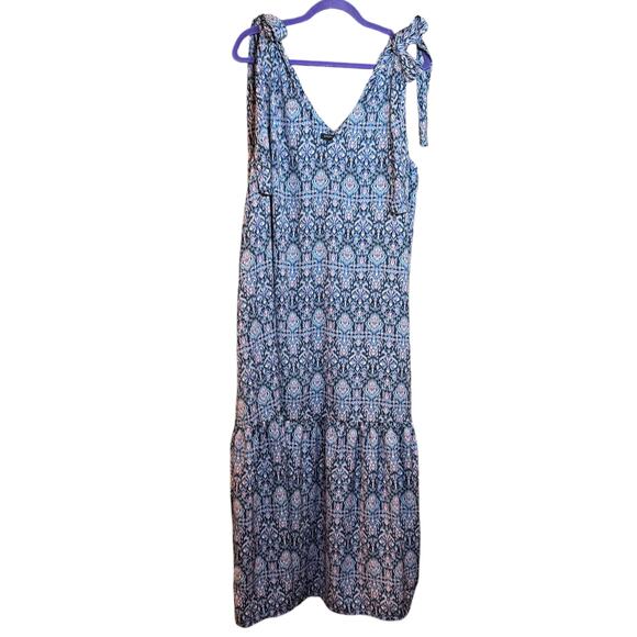 NWOT Banana Republic tie-shoulder drop-waist blue & pink print maxi dress XL - Picture 2 of 7